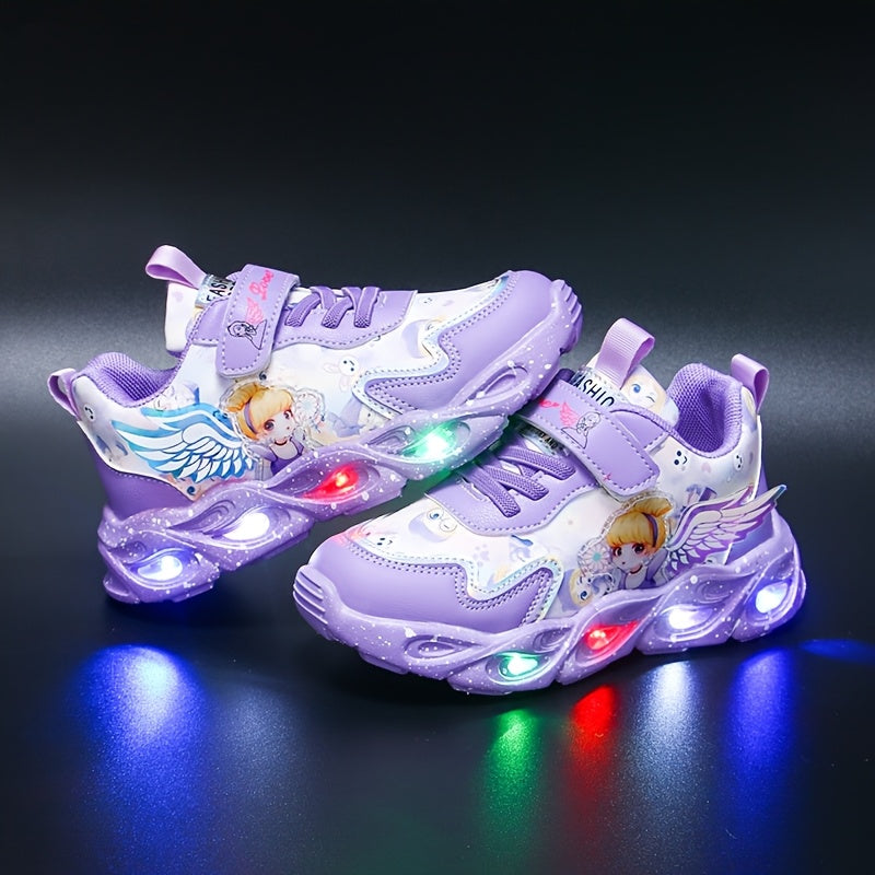 Girls' Halloween Dream Angel Wings Glowing Sneakers, Cartoon Princess Style Mesh Casual Shoes, Lightweight Soft Material Comfortable Fit Campus Running Shoes, New Summer Autumn All-Season Wear