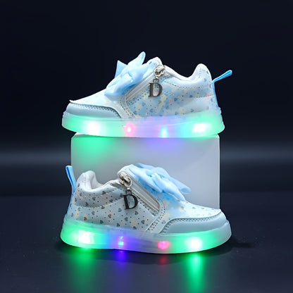 Girls' LED Light-Up Sneakers with Double Zipper Closure, Pastel Blue & Pink Glittery Design, Comfortable Low-Top Shoes for Youngsters & Toddlers - All-Season Casual & Party Wear, Shoes for Girls, Youngsters'S Footwear, Playfu
