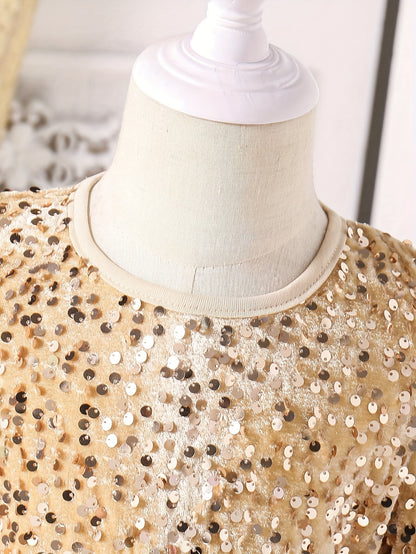 Girls' Elegant Long Sleeve Sequin & Mesh Princess Dress with Bow Detail - Emerald Green A-Line Short Dress, Machine Washable for Spring/Fall Formal Events