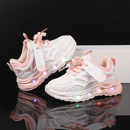 Kids' LED Light-Up Sneakers with Glow-in-the-Dark Soles - Boys & Girls Low-Top Walking Shoes (1-6 Years) - PU Upper &, Multicolor (White/Pink/Blue) for Nighttime & Play - Party Shoes