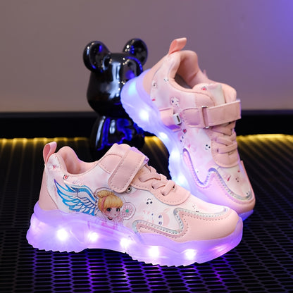 Girls & Glowing LED Sneakers with USB Charging, Low-Top Light-Up Shoes with Heart & Star Patterns, Pastel Pink/Clear Light Effects, Breathable PU Mesh & Cushioned TPR Sole for Nighttime Play,, - Magical Glow-in-the-Dark Shoes