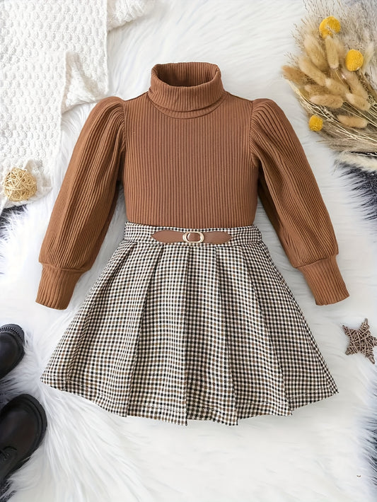 2pcs Toddler Girls Long Sleeve Knit Pullover + Houndstooth Skirt Set Kids Clothes Party Gift, for Outdoor