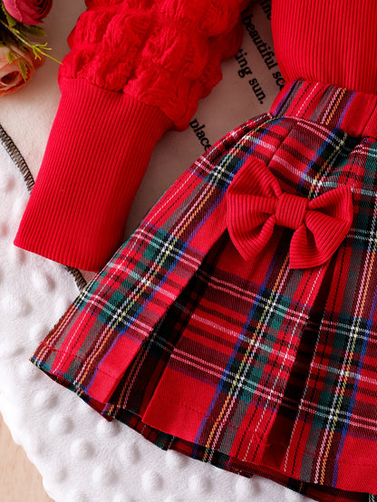 Girls' Red Bubble Long Sleeve Top and Double Bow Red Plaid Skirt with Hat Casual Performance Outfit Three-Piece Set, Perfect for Outdoor, Perfect for, Christmas Clothes Kids