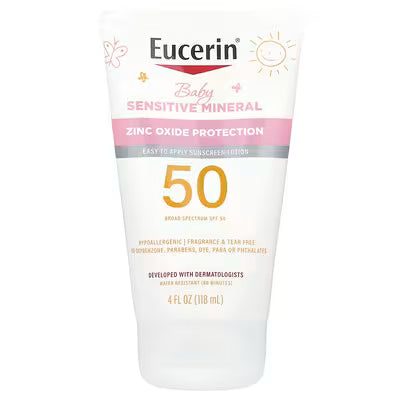 Eucerin, Baby, Sensitive Mineral Sunscreen Lotion, SPF 50, Fragrance Free, 4 fl oz (118 ml)