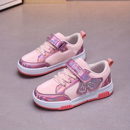 Girls' Sparkling Iridescent Rainbow Bow & Butterfly Sneakers - Purple/Pink Low-Top Lace-Free Magic Tape Closure, PU/ Cushioned Sole, All-Season Casual Shoes for, Playground & Casual Attire ( &)