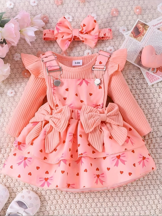 Girls' Pink Top + Bow Heart Camisole Dress + Hair Accessory Set P101687, Perfect for Outdoor