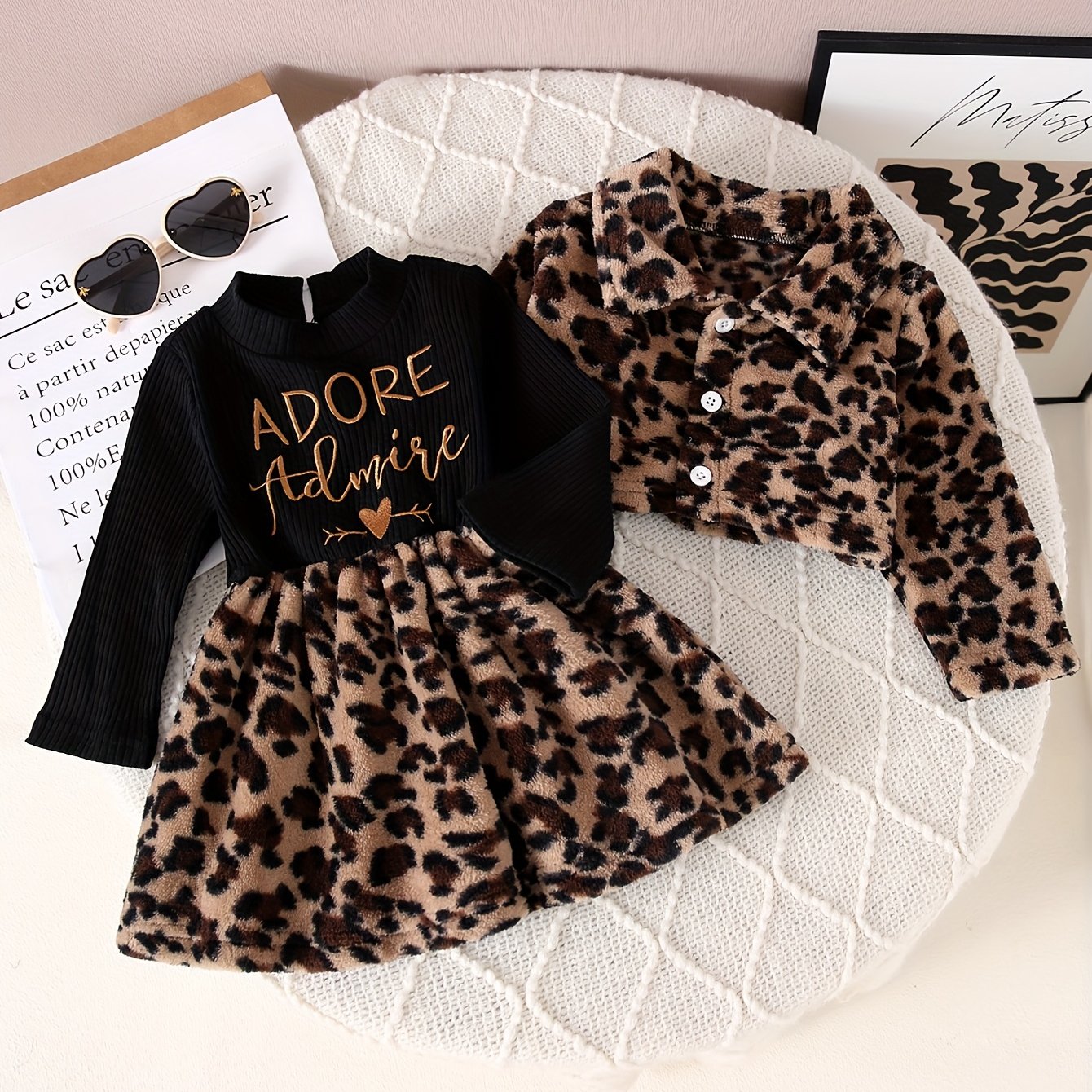 Autumn and Winter New Fashion Leopard Print Set with Black Long Sleeve Top Featuring Golden Letters, Matching Leopard Skirt and Jacket, Wild Yet Cute, Soft Light Beige-Friendly Material for Instant Trendy Little Darling, Perf