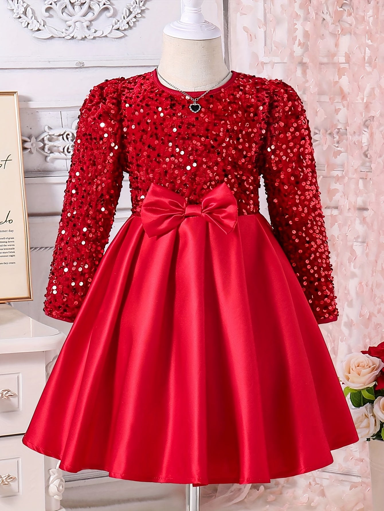 Girls' Elegant Long Sleeve Sequin & Mesh Princess Dress with Bow Detail - Emerald Green A-Line Short Dress, Machine Washable for Spring/Fall Formal Events