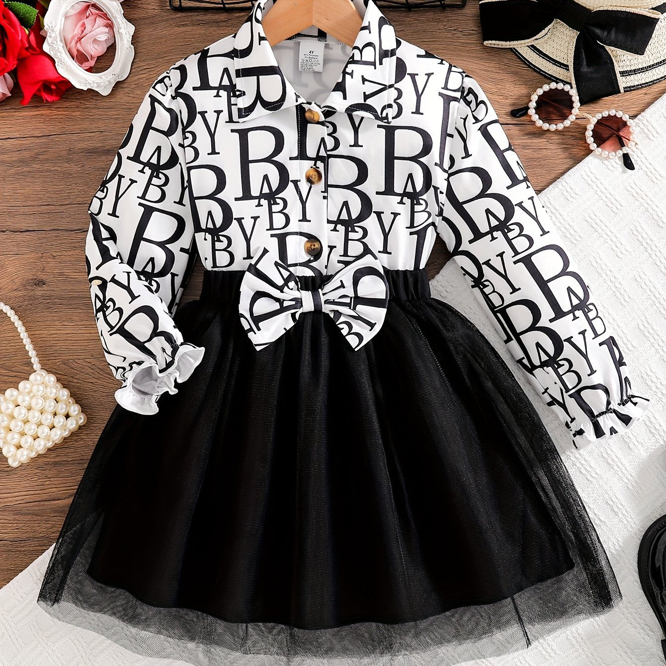 2pcs Set Girls' Trendy Long-Sleeve Shirt + Elastic Waist Mesh Skirt Spring/Autumn Fashion Street Style Letter Print Shirt with Bow Detail Short Dress Two-Piece Flounce Collar Button-Up Cardigan Puff Sleeve Princess Dress Soft