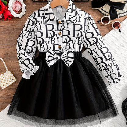 2pcs Set Girls' Trendy Long-Sleeve Shirt + Elastic Waist Mesh Skirt Spring/Autumn Fashion Street Style Letter Print Shirt with Bow Detail Short Dress Two-Piece Flounce Collar Button-Up Cardigan Puff Sleeve Princess Dress Soft