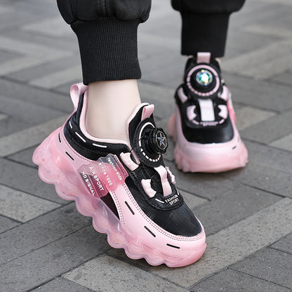 Kids' Preppy Sports Sneakers with Rotating Buckle, Lightweight EVA Sole, Non-Slip PU Upper, Comfortable Fabric Lining, Alphabet Pattern, All-Season Casual Footwear for Outdoor Activities, Training, Hiking - Ideal for Valentin