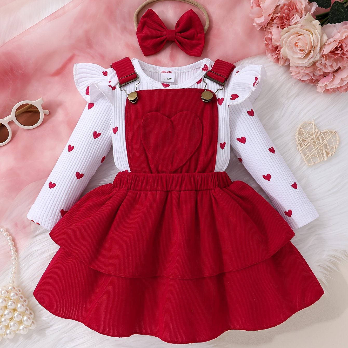 Girls' Love Print Ruffle Sleeve Top Double Skirt Overalls with Bow Headband Three-Piece Set, for Outdoor