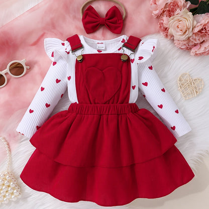 Girls' Love Print Ruffle Sleeve Top Double Skirt Overalls with Bow Headband Three-Piece Set, for Outdoor