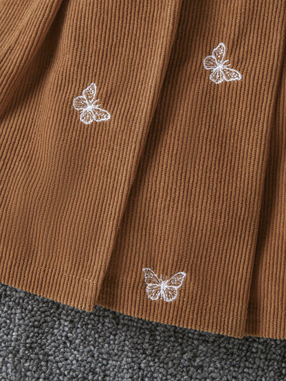 Girls' White Ribbed Knit Long Sleeve Top with Brown Pleated Skirt & Belt - Cute V-Neck Blouse, Soft Stretchy Fabric, Perfect for Fall/Winter Outings, Baby Girl Outfit, Perfect for Outdoor, Perfect for, for Outdoor, and specia