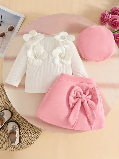 3pcs Girls' Elegant Tweed Outfit Set with Ruffled Sleeve Blouse, A-Line Skirt & Bow & Pearl-Adorned Hat - Soft Pink Winter Clothes for to 12m, Hand Washable Layered Dress for Everyday & Special Occasions, Semi- Round Neck Lon