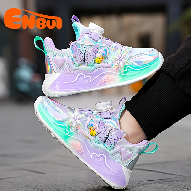 Trendy Iridescent Girls' Sneakers with Colorful Butterfly & Flower Design - Breathable Mesh Upper, EVA Sole, Cute Low-Top Sneakers for Youngsters, Girls' Sneakers | Playful Footwear | EVA Sole Sneaker