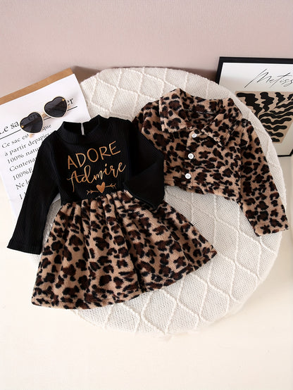 Autumn and Winter New Fashion Leopard Print Set with Black Long Sleeve Top Featuring Golden Letters, Matching Leopard Skirt and Jacket, Wild Yet Cute, Soft Light Beige-Friendly Material for Instant Trendy Little Darling, Perf