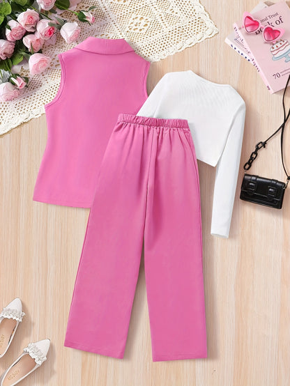 3pcs Set, Spring and Autumn Girls' Fashion Outfit with Beaded Jacket + Camisole Top + Slim Fit Straight Pants, Suitable for 8-12 Years Old Kids Girls Outdoor Wear, for Outdoor