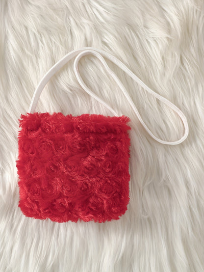 Girl's Round Neck Long Sleeve Dress with Rose Bud Pattern Fuzzy Sleeves and Bag, Suitable for Spring and Autumn Outdoor Casual Wear