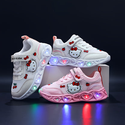 Girls' Glow-in-the-Dark Princess Sneakers with Lights - Pink & White Cartoon Design, Closure, Breathable Mesh Upper, Soft EVA Insole, Durable PVC Sole for Youngsters 1-6 Years, Spring Summer Casual Running Shoes, Shoes for Gi