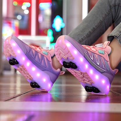 LED Light-Up Girls' Roller Skates with Rotating Brightness & Detachable Wheels - USB Rechargeable Low-Top Sneakers, Adjustable Straps, TPR Sole for All-Season Casual Sports & Rollerblading, Shoes for Girls, Sleek Shoe Design,