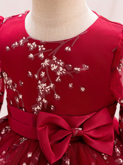 Girls' Summer New Puff Sleeve High-End Dress with Bow, Elegant Princess Dress, Christmas Dress, Christmas Gift