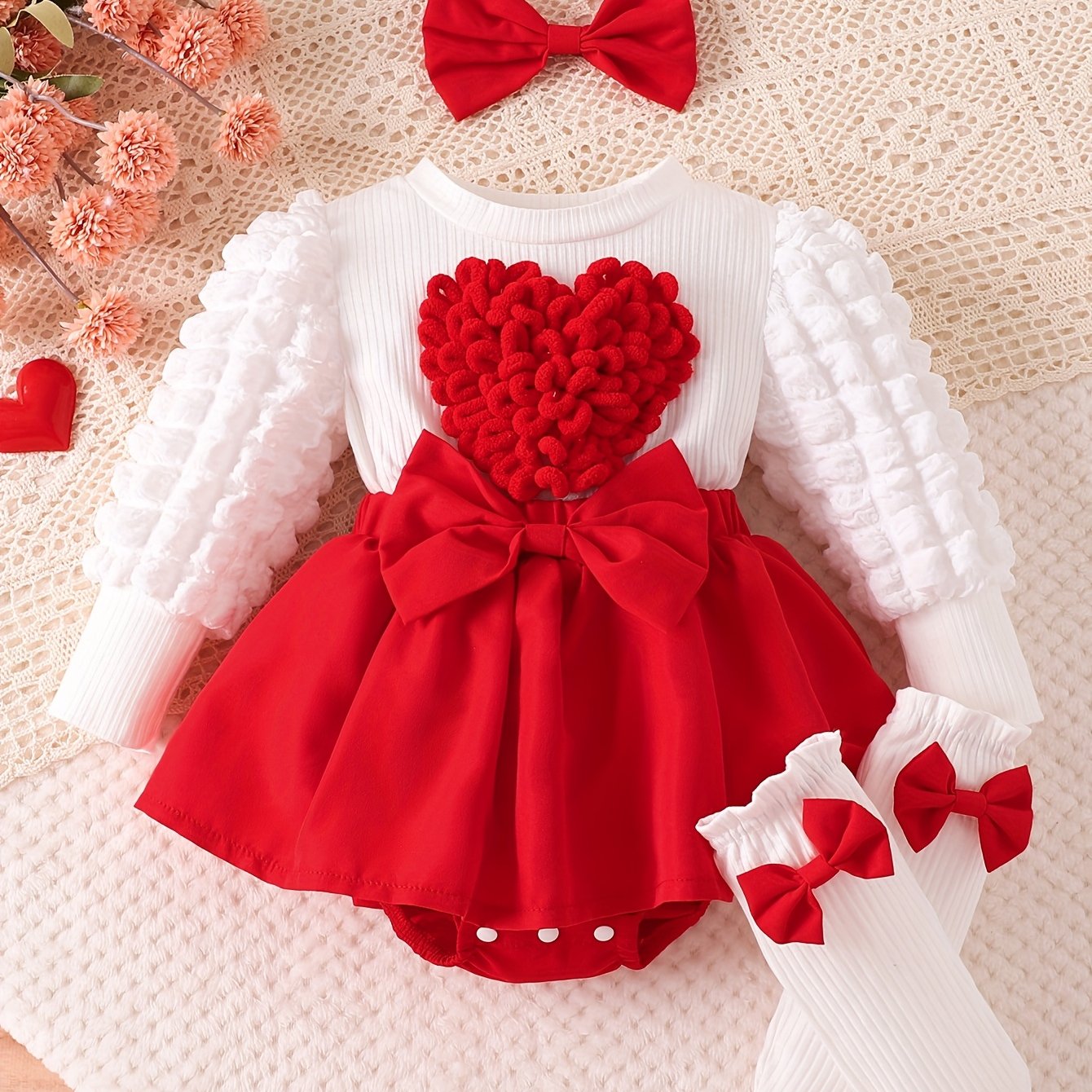 Girls' Sweet Princess Style 3pcs Set with Heart & Bow Detail - Soft Pink & Red Ruffled Sleeves, Bodysuit with Red Bow Skirt & Matching Headband, for Outdoor, Princess Dress For Girls, Princess Dress For Girl