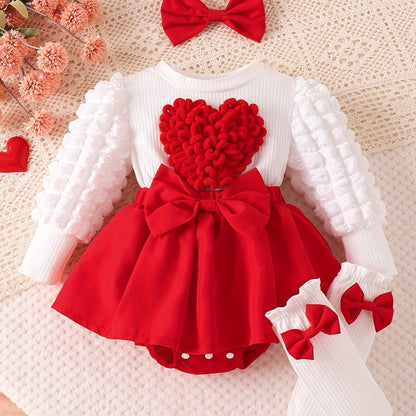 Girls' Sweet Princess Style 3pcs Set with Heart & Bow Detail - Soft Pink & Red Ruffled Sleeves, Bodysuit with Red Bow Skirt & Matching Headband, for Outdoor, Princess Dress For Girls, Princess Dress For Girl