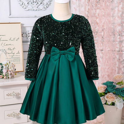 Girls' Elegant Long Sleeve Sequin & Mesh Princess Dress with Bow Detail - Emerald Green A-Line Short Dress, Machine Washable for Spring/Fall Formal Events