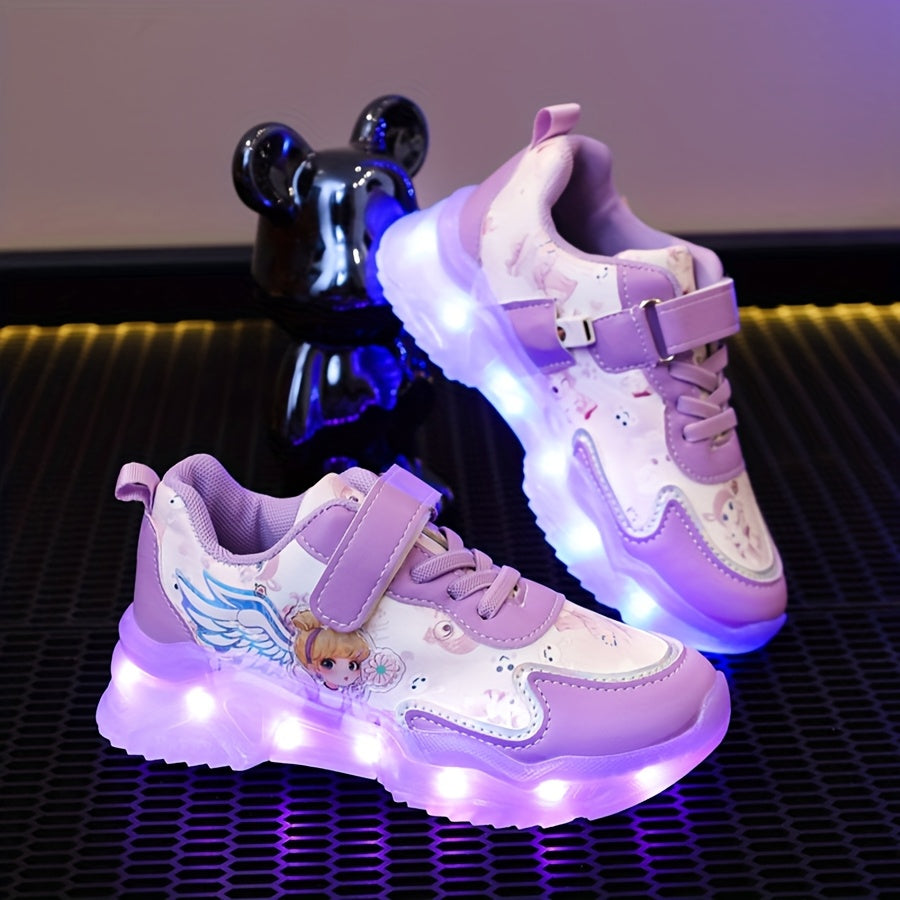 Girls & Glowing LED Sneakers with USB Charging, Low-Top Light-Up Shoes with Heart & Star Patterns, Pastel Pink/Clear Light Effects, Breathable PU Mesh & Cushioned TPR Sole for Nighttime Play,, - Magical Glow-in-the-Dark Shoes