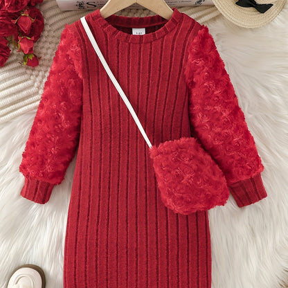 Girl's Round Neck Long Sleeve Dress with Rose Bud Pattern Fuzzy Sleeves and Bag, Suitable for Spring and Autumn Outdoor Casual Wear