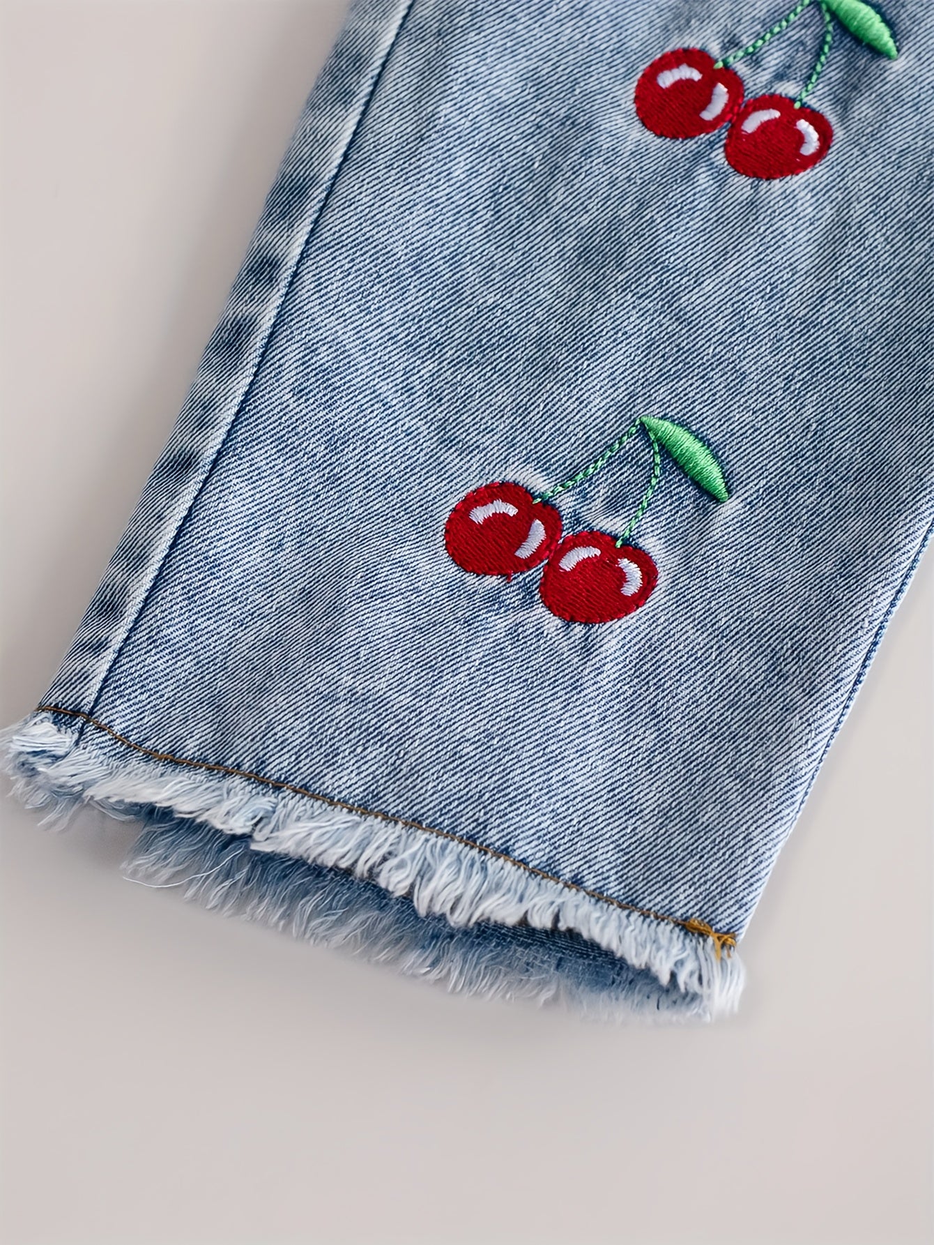 Girls' Autumn Winter Casual Faux Two-Piece Long Sleeve Shirt with Turn- Collar and Embroidered Cherry Jeans Pants, Comfortable Soft Light Beige-Friendly Fabric Trendy Versatile Outfit for Sports Vacation Party Wear Perfect Gi