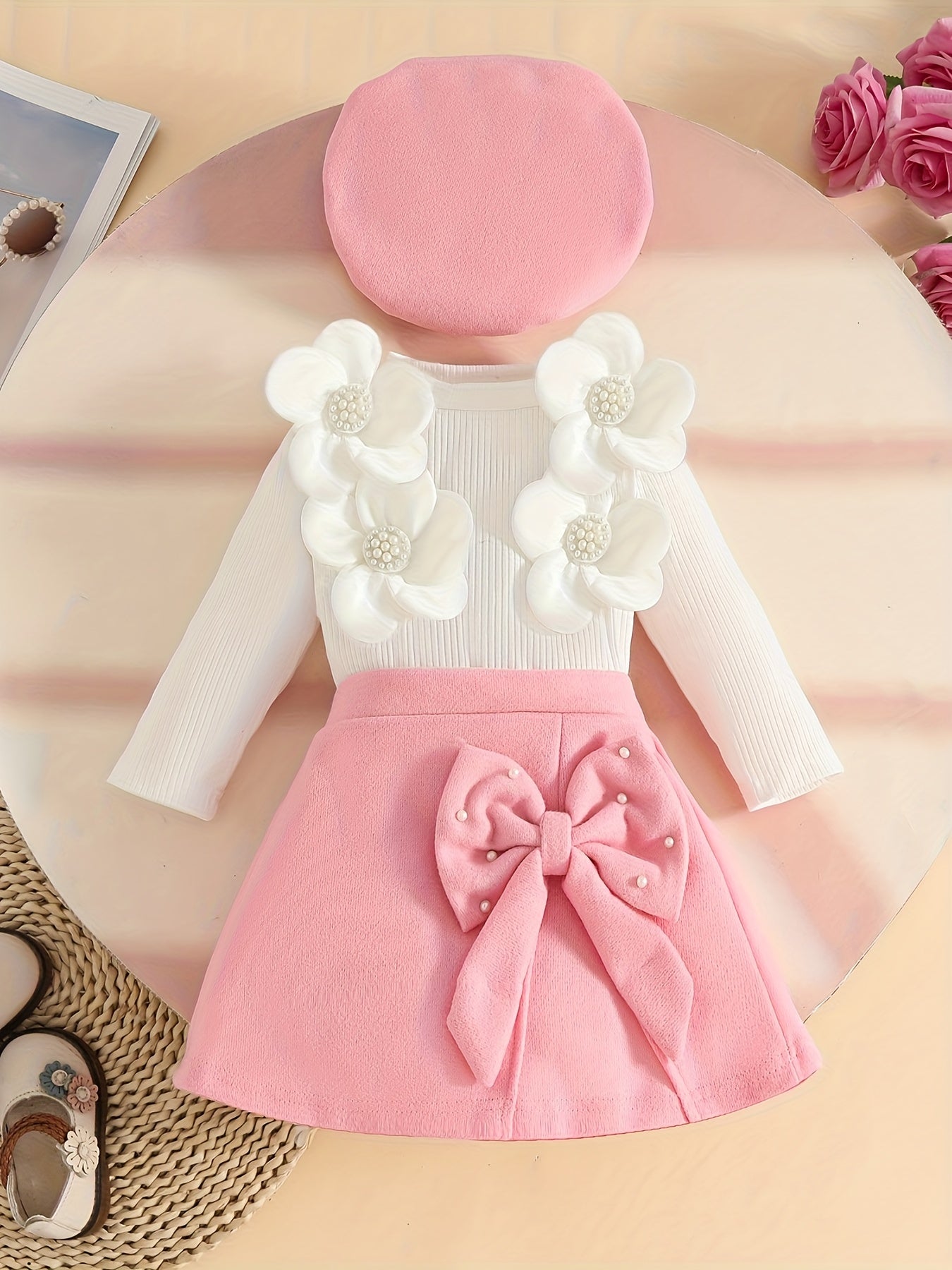 3pcs Girls' Elegant Tweed Outfit Set with Ruffled Sleeve Blouse, A-Line Skirt & Bow & Pearl-Adorned Hat - Soft Pink Winter Clothes for to 12m, Hand Washable Layered Dress for Everyday & Special Occasions, Semi- Round Neck Lon