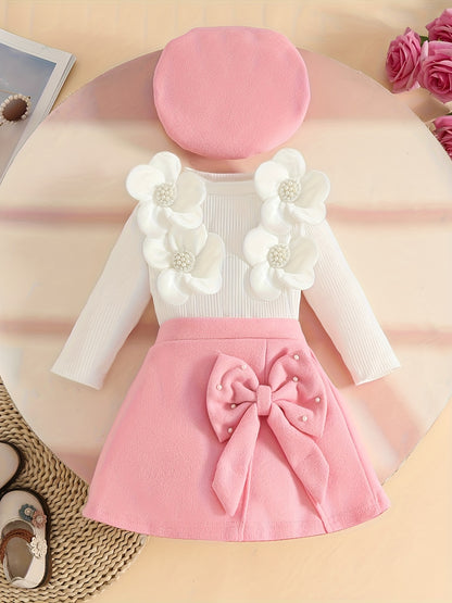 3pcs Girls' Elegant Tweed Outfit Set with Ruffled Sleeve Blouse, A-Line Skirt & Bow & Pearl-Adorned Hat - Soft Pink Winter Clothes for to 12m, Hand Washable Layered Dress for Everyday & Special Occasions, Semi- Round Neck Lon