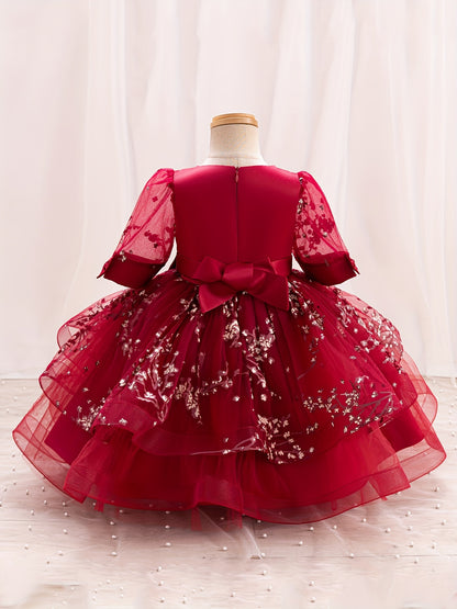 Girls' Summer New Puff Sleeve High-End Dress with Bow, Elegant Princess Dress, Christmas Dress, Christmas Gift
