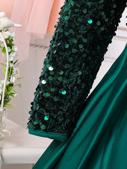 Girls' Elegant Long Sleeve Sequin & Mesh Princess Dress with Bow Detail - Emerald Green A-Line Short Dress, Machine Washable for Spring/Fall Formal Events