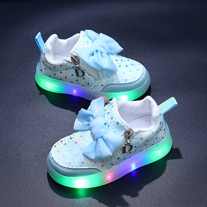 Girls' LED Light-Up Sneakers with Double Zipper Closure, Pastel Blue & Pink Glittery Design, Comfortable Low-Top Shoes for Youngsters & Toddlers - All-Season Casual & Party Wear, Shoes for Girls, Youngsters'S Footwear, Playfu