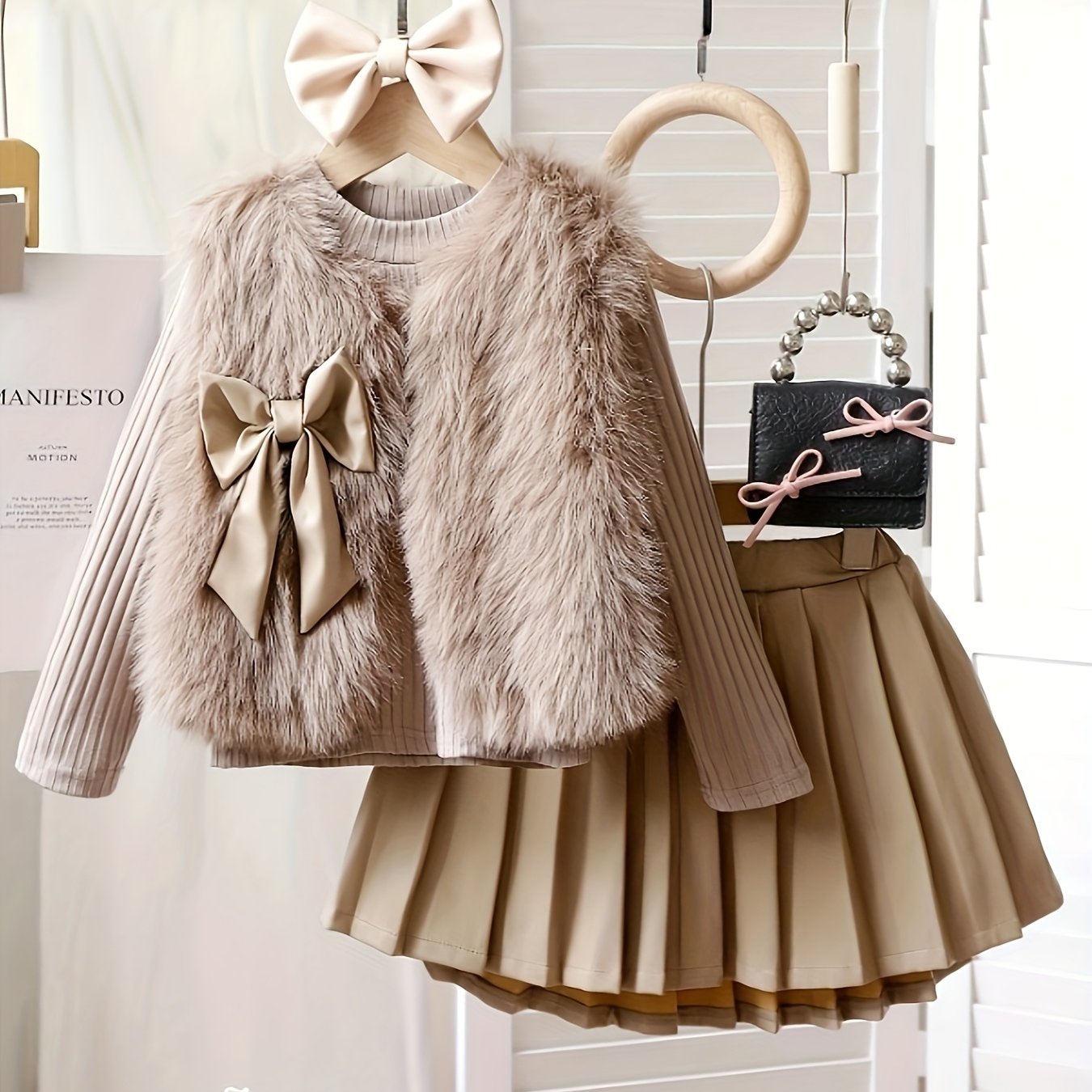 3pcs ' Elegant Winter Fur-like Coat & Skirt Set with Bow Detailing - Soft Pastel Beige or Brown Long Sleeve Dress Outfit, Machine Washable & Dry Cleanable, Cozy Faux-Fur Trim, Ruffled Collar & Layered Skirt for Fall/Winter, B