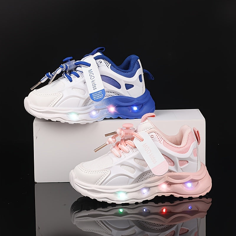 Kids' LED Light-Up Sneakers with Glow-in-the-Dark Soles - Boys & Girls Low-Top Walking Shoes (1-6 Years) - PU Upper &, Multicolor (White/Pink/Blue) for Nighttime & Play - Party Shoes