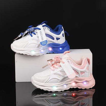 Kids' LED Light-Up Sneakers with Glow-in-the-Dark Soles - Boys & Girls Low-Top Walking Shoes (1-6 Years) - PU Upper &, Multicolor (White/Pink/Blue) for Nighttime & Play - Party Shoes