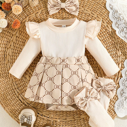 Girls' Fashion Butterfly Print Long Sleeve Dress + Bow Hair Accessory + Pair of Socks, Perfect for Outdoor