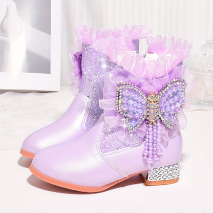 Shoes with Fleece for Winter, Stylish Short Boots for Girls, New Warm High-Heeled Princess Shoes with Bows for Snowy Days.