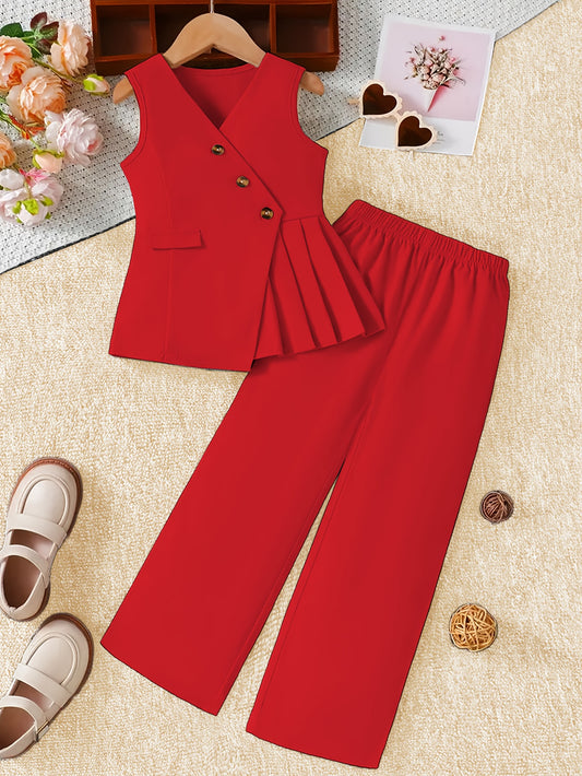 Girls' Fashion Sleeveless Vest and Pants Set, Top with Three Buttons, One Side of the Hem in a Pleated Style; Wide-Leg Trousers with Elastic Waistband. Suitable for Spring, Summer, and Autumn Wear, Perfect for Outdoor