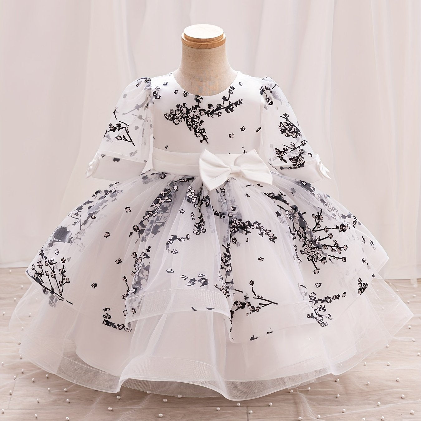 Girls' Summer New Puff Sleeve High-End Dress with Bow, Elegant Princess Dress, Christmas Dress, Christmas Gift