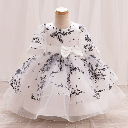 Girls' Summer New Puff Sleeve High-End Dress with Bow, Elegant Princess Dress, Christmas Dress, Christmas Gift