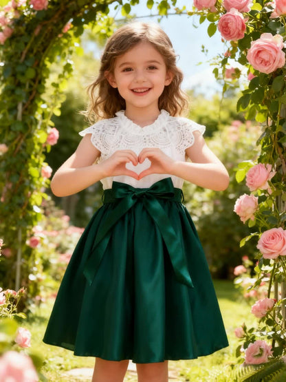 Summer Two-Piece Set for Girls Aged 2 Years, Featuring a Solid Color Woven Casual Dress with Lace Trim And a Matching Belt.