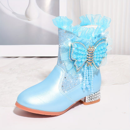 Shoes with Fleece for Winter, Stylish Short Boots for Girls, New Warm High-Heeled Princess Shoes with Bows for Snowy Days.