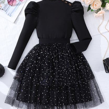 Girls' Casual Fashion Long Sleeve & Mesh Skirt Set for Spring, Autumn, and Winter
