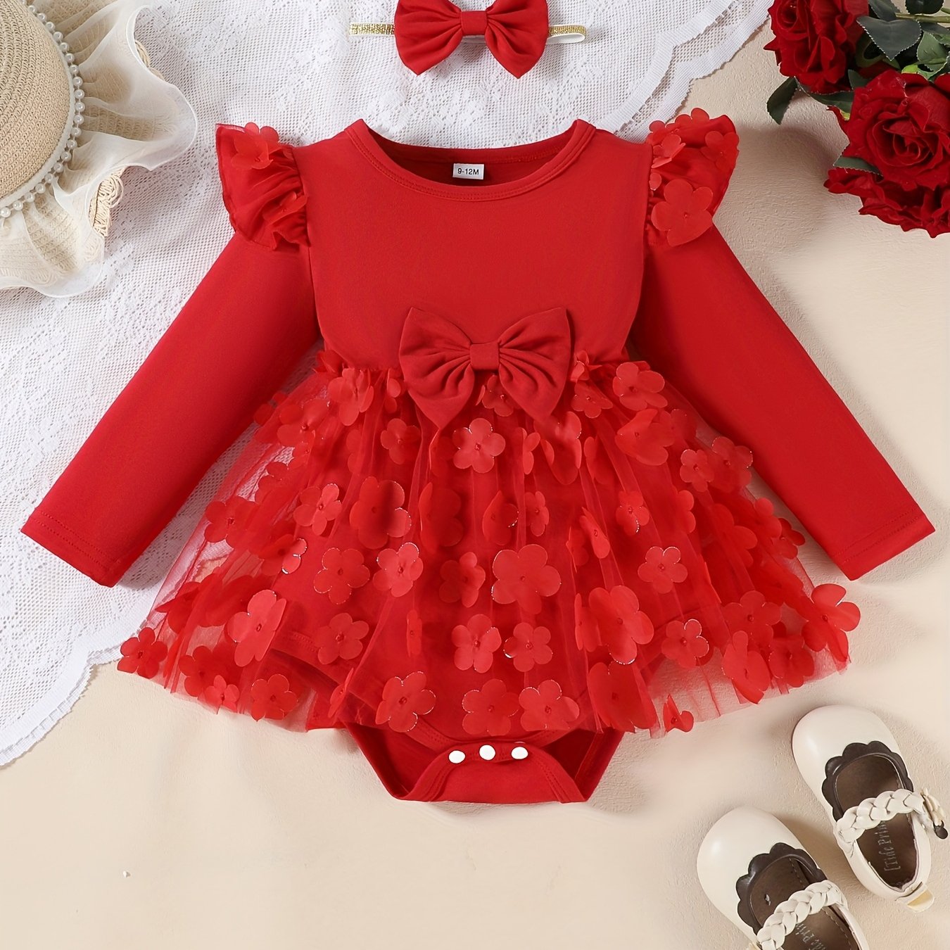 2-Pack Girls' Christmas/Halloween Casual Fashion Dress, Round Neck Bow Tie Patchwork 3D Flower Mesh Long Sleeve + Two-Piece Set with Butterfly Headband - Stretchy Machine Washable Fabric for Newborn Party Gatherings and Outdo