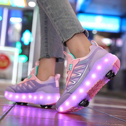 LED Light-Up Girls' Roller Skates with Rotating Brightness & Detachable Wheels - USB Rechargeable Low-Top Sneakers, Adjustable Straps, TPR Sole for All-Season Casual Sports & Rollerblading, Shoes for Girls, Sleek Shoe Design,